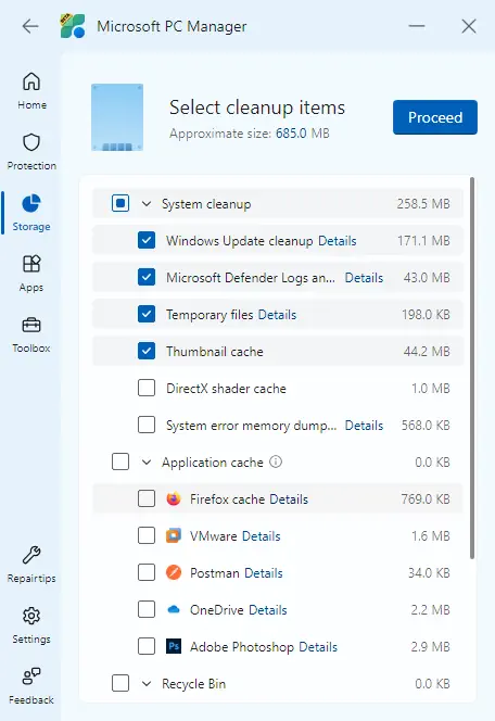 Screenshot: Microsoft PC Manager Storage