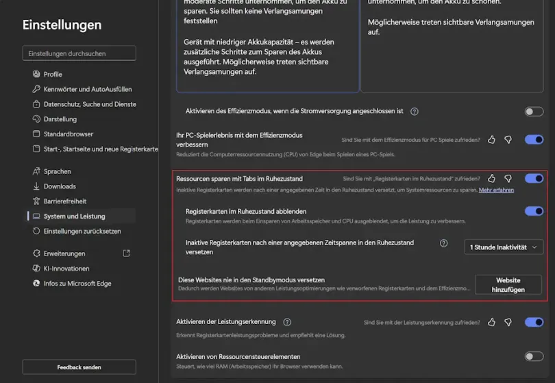 Sparen Sie Ressourcen, ohne auf Komfort zu verzichten Screenshot: Microsoft Edge Einstellungen