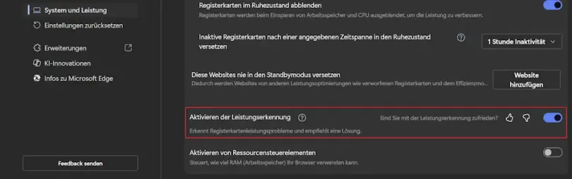 Lassen Sie Edge aufzeigen, was Sie ausbremst Screenshot: Einstellung der Leistungserkennung