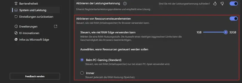 Edge-RAM-Zuweisung reduzieren Screenshot: Edge-RAM-Zuweisung reduzieren