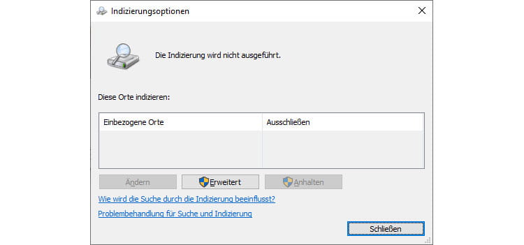 Screenshot - Windows Indizierungsoptionen