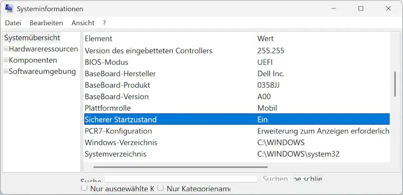 Systeminformationen in Windows 11 - Sicherer Startzustand (Secure Boot) Screenshot des Menüs