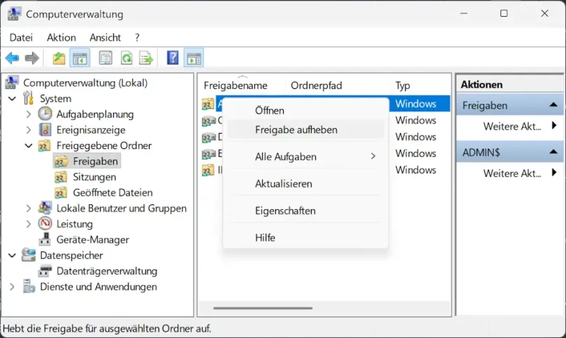 Beenden der Freigabe des Ordners mit der Computerverwaltung Screenshot: Beenden der Freigabe des Ordners mit der Computerverwaltung