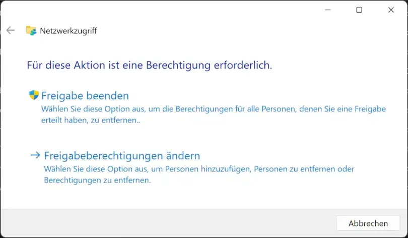 Freigabe von Ordnern beenden Screenshot: Freigabe von Ordnern beenden