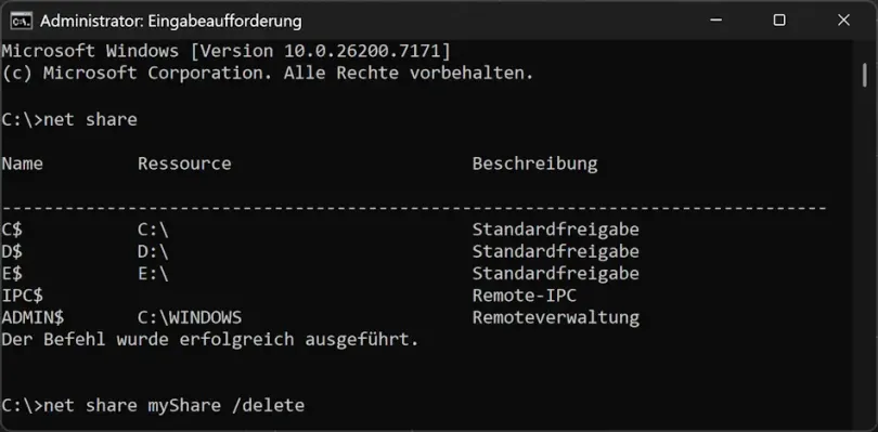 Beenden der Freigabe eines Ordners über die Eingabeaufforderung Screenshot: Beenden der Freigabe eines Ordners über die Eingabeaufforderung