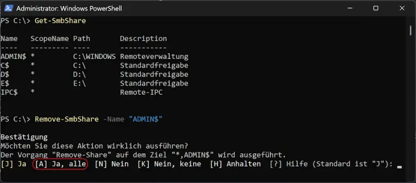 PowerShell-Befehl zum Beenden der Freigabe eines Ordners Screenshot: PowerShell-Befehl zum Beenden der Freigabe eines Ordners