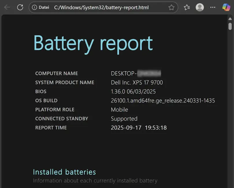 Report Batteriestatus Screenshot: Report Batteriestatus