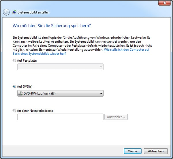 Windows 7 - Auswahl Speichermedium