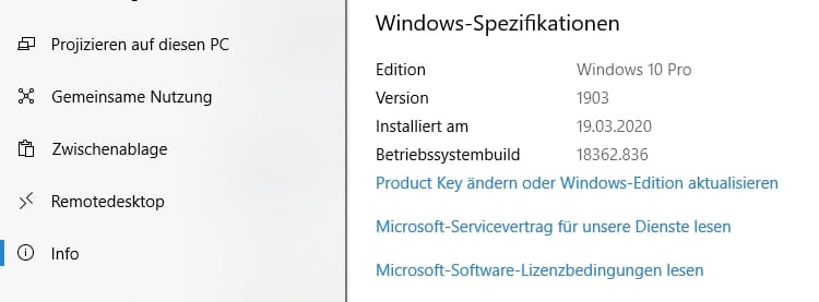 Screenshot: Windows Spezifikationen