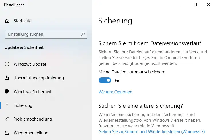 Screenshot: Dienstprogramm zur Sicherung des Dateiverlaufs unter Windows 10